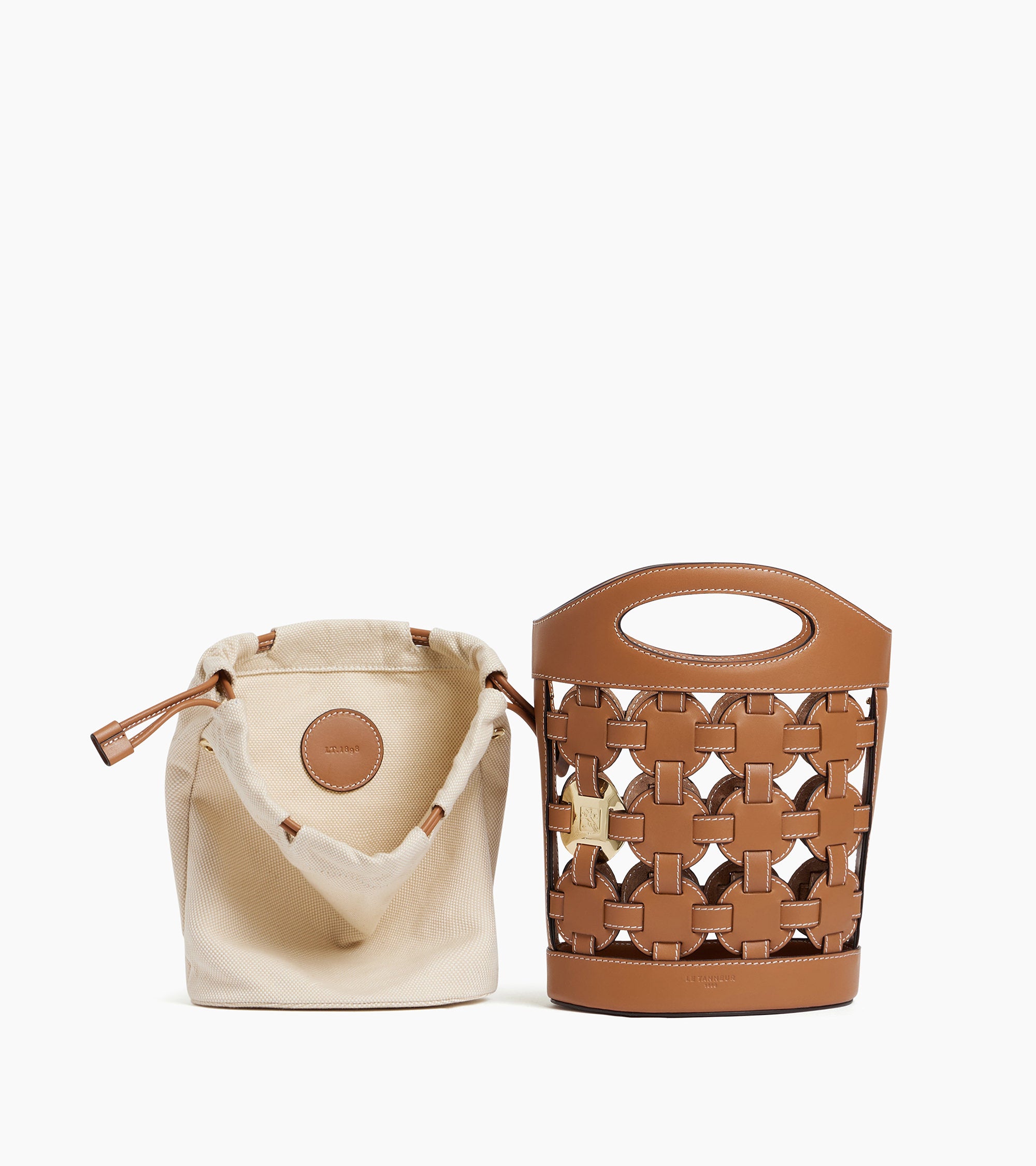 Kleine Bucket Bag Le Potier aus Baumwollcanvas und glattem Leder