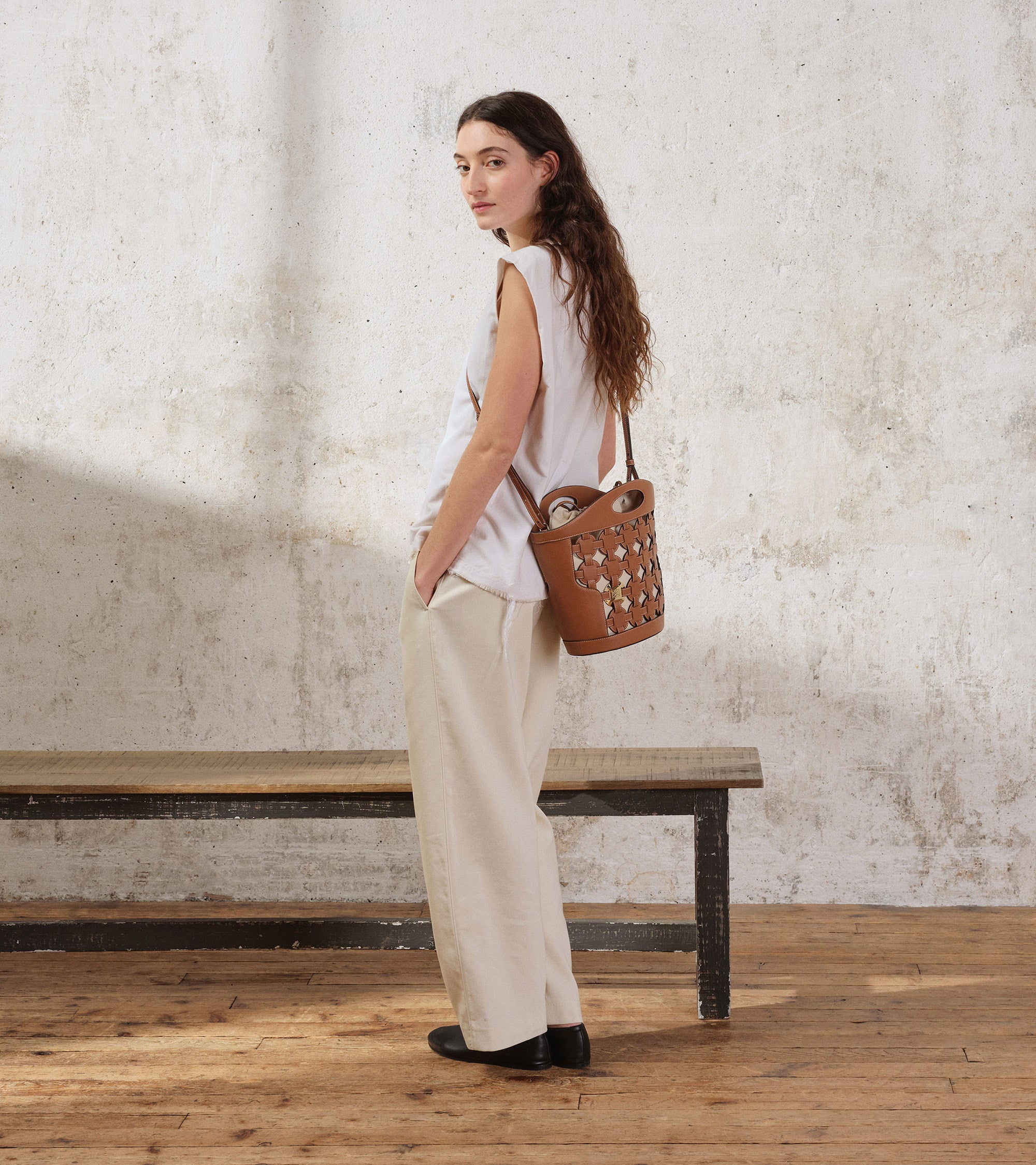 Bucket Bag Le Potier aus Baumwollcanvas und glattem Leder